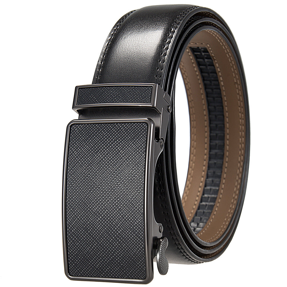 Mens Ratchet Track Belt – Smooth Leather with Matte Gunmetal Textured Plaque – Adjustable Fit