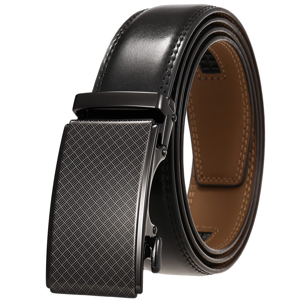 Mens Ratchet Track Belt – Smooth Leather with Gunmetal Diamond Plaque – Adjustable Fit