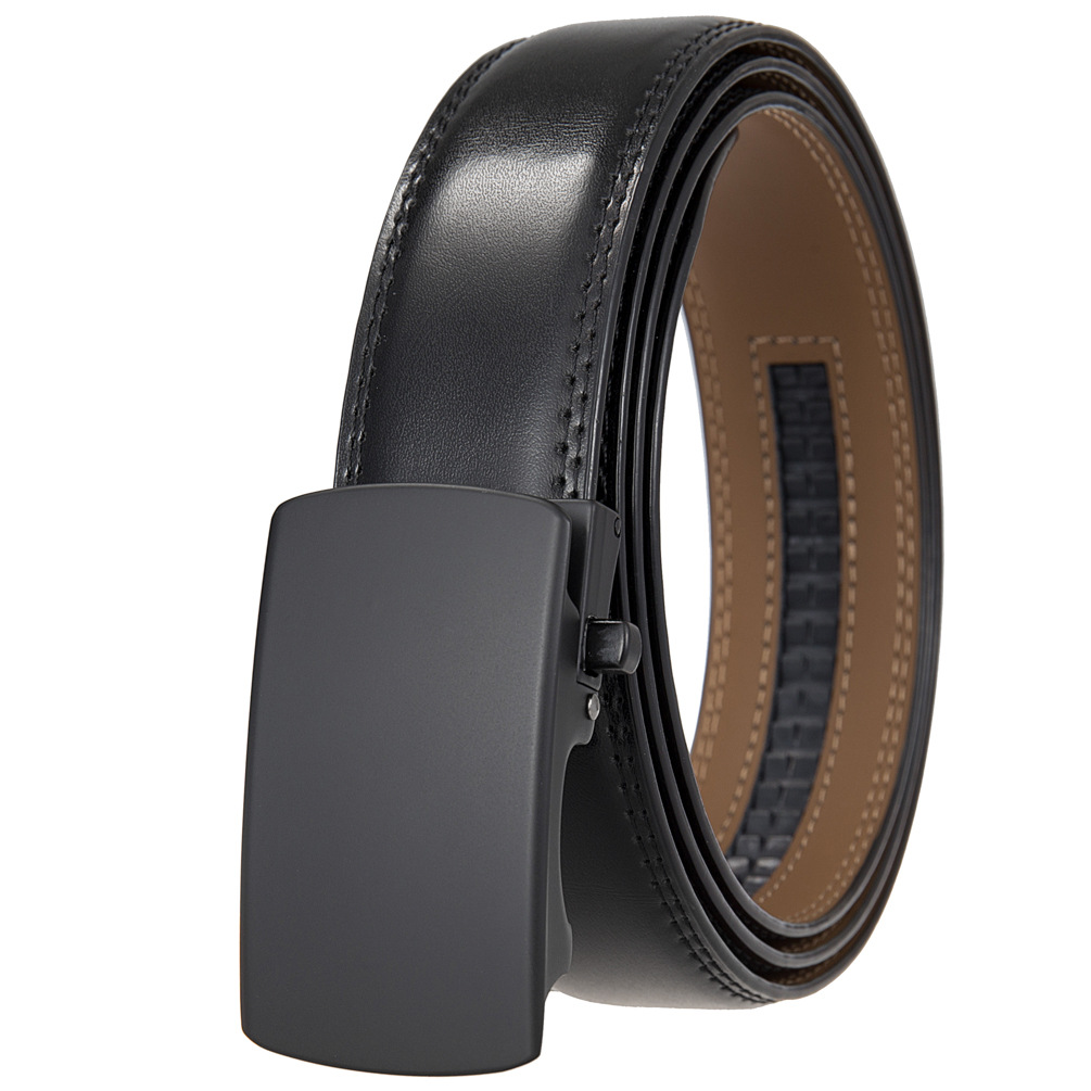 Mens Ratchet Track Belt – Smooth Leather with Matte Black Rounded Plaque – Adjustable Fit