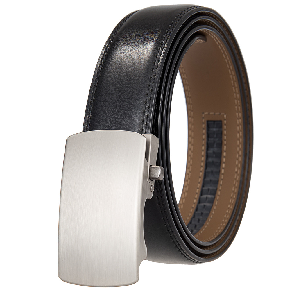 Mens Ratchet Track Belt – Smooth Leather with Matte Gunmetal Curved Plaque – Adjustable Fit