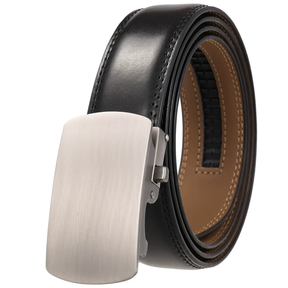 Mens Ratchet Track Belt – Smooth Leather with Brushed Gunmetal Curved Plaque – Adjustable Fit