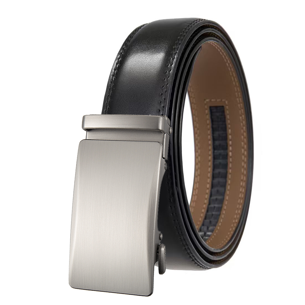 Mens Ratchet Track Belt – Smooth Leather with Brushed Gunmetal Angled Plaque – Adjustable Fit