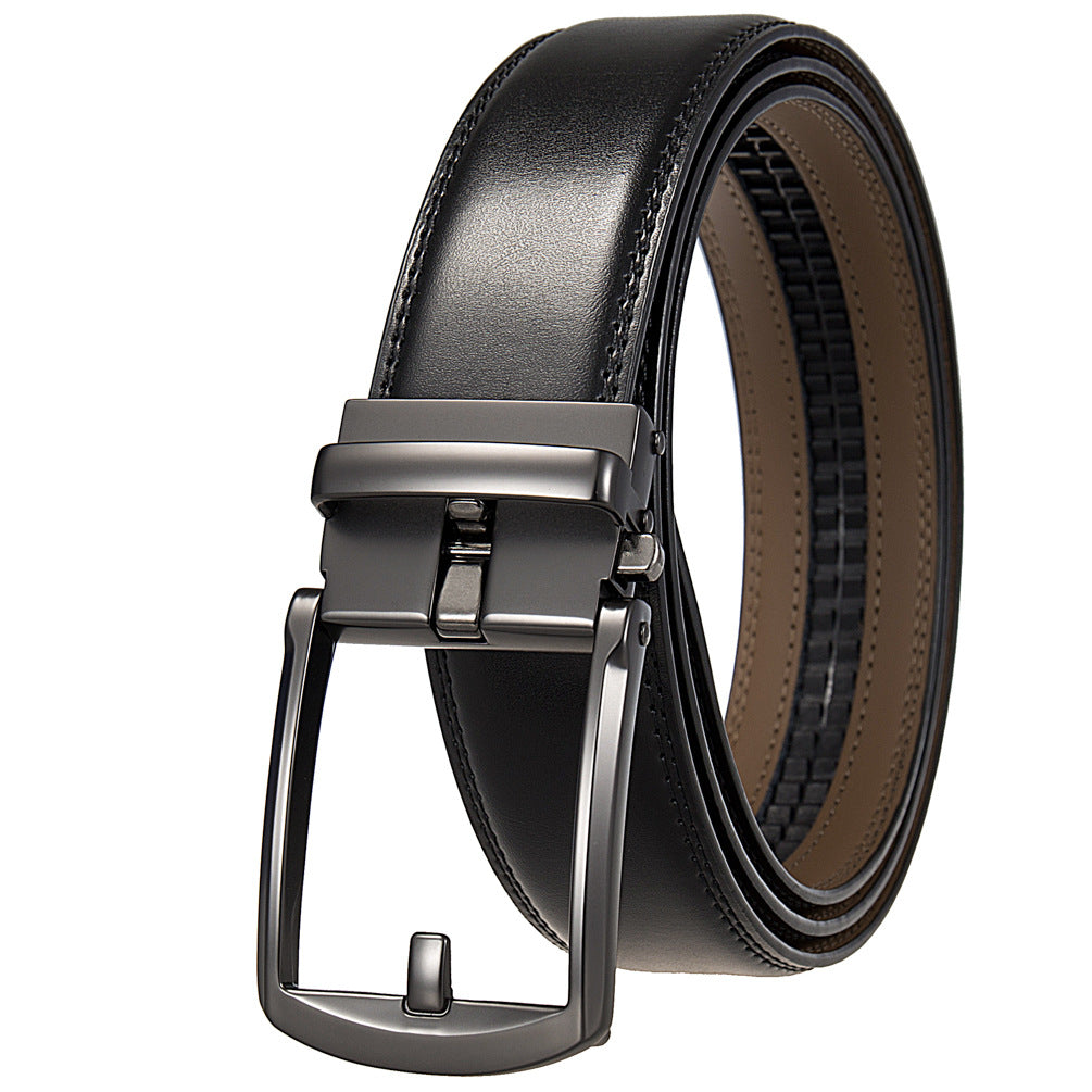 Mens Ratchet Track Belt – Smooth Leather with Matte Gunmetal Pin Frame – Adjustable Fit