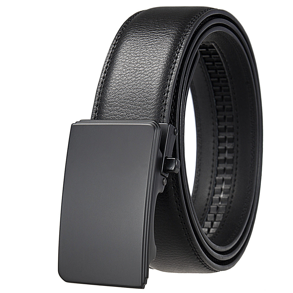 Mens Ratchet Track Belt – Smooth Leather with Matte Black Slim Plaque – Adjustable Fit