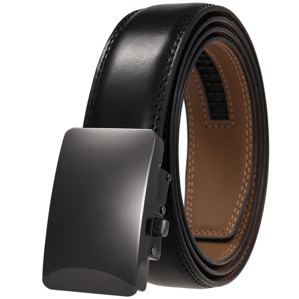 Mens Ratchet Track Belt – Smooth Leather with Dark Gunmetal Curved Plaque – Adjustable Fit