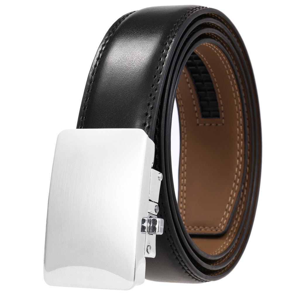 Mens Ratchet Track Belt – Grained Leather with Brushed Chrome Plaque – Adjustable Fit