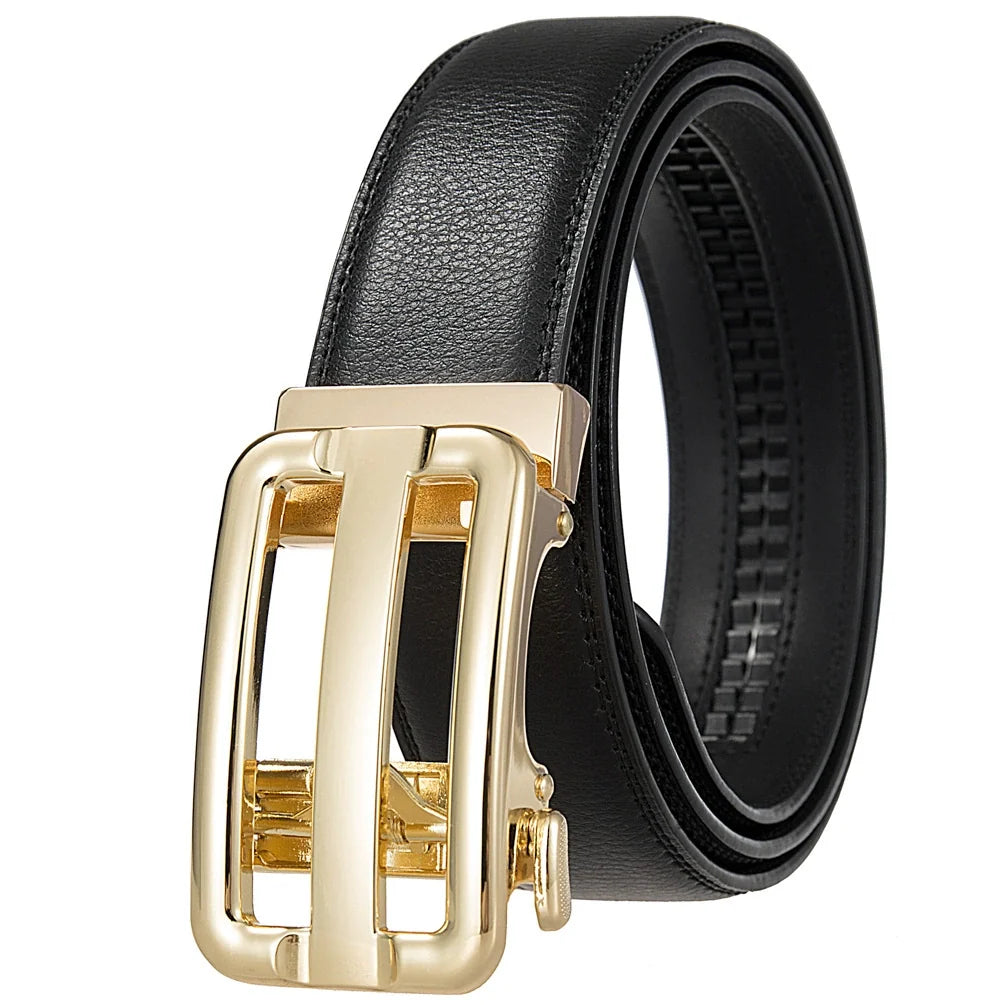 Mens Ratchet Track Belt – Grained Leather with Gold Double Bar Frame – Adjustable Fit