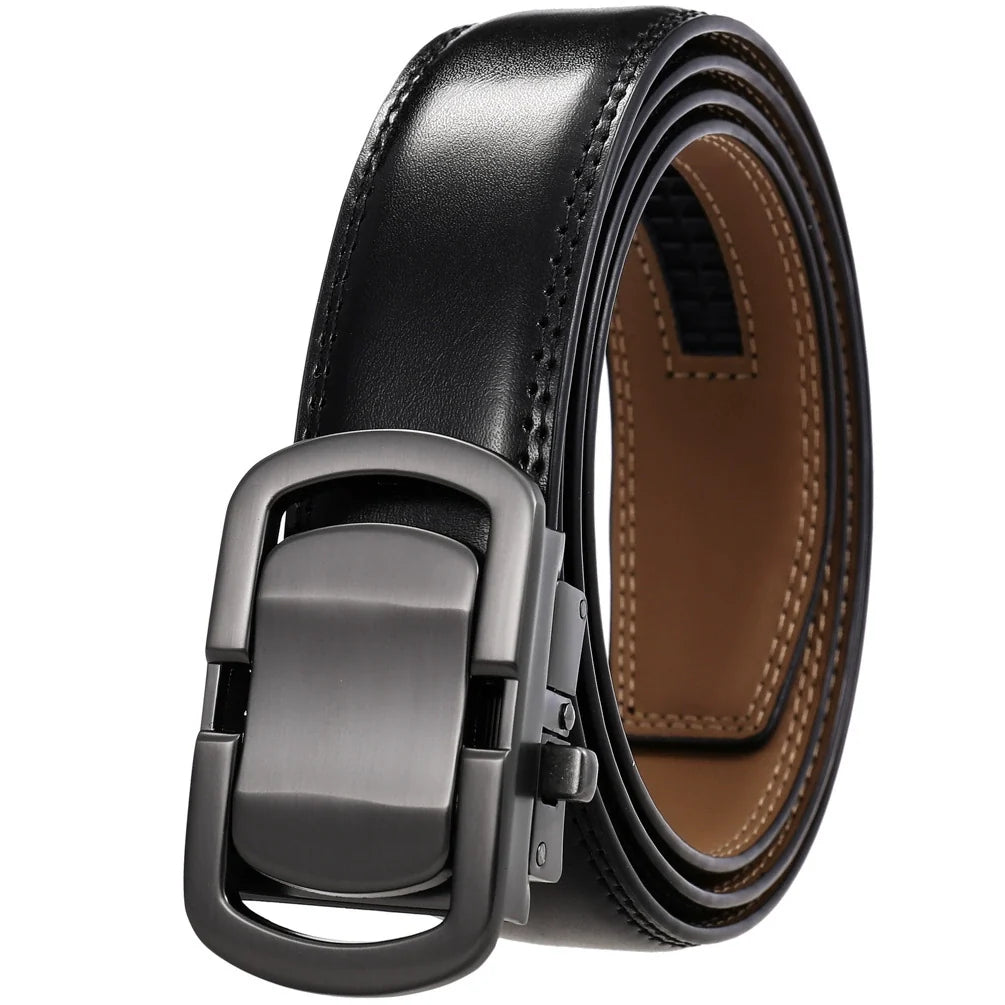 Mens Ratchet Track Belt – Smooth Leather with Gunmetal Rounded Frame – Adjustable Fit
