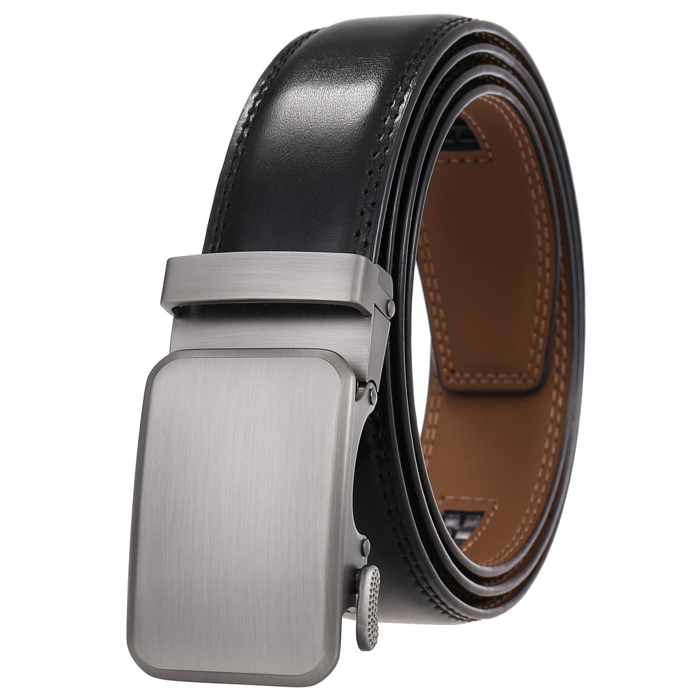 Mens Ratchet Track Belt – Smooth Leather with Brushed Gunmetal Squared Plaque – Adjustable Fit