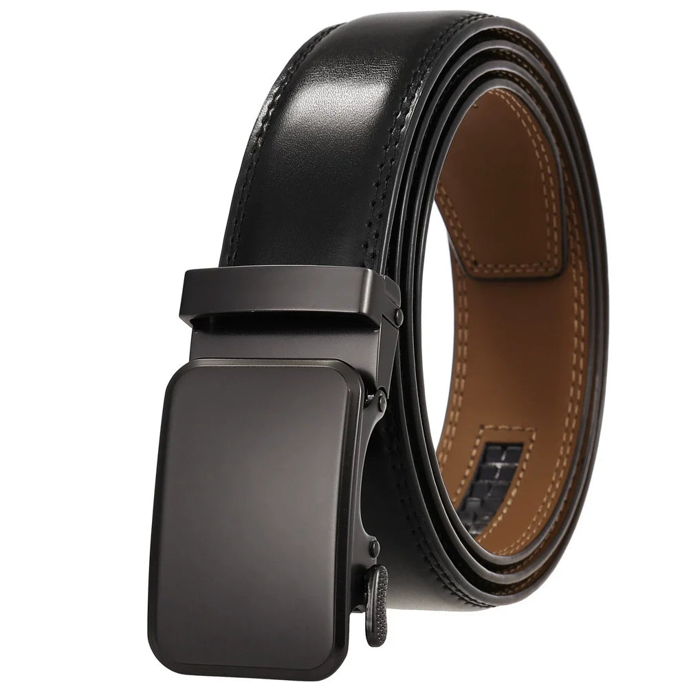 Mens Ratchet Track Belt – Smooth Leather with Matte Gunmetal Dark Plaque – Adjustable Fit