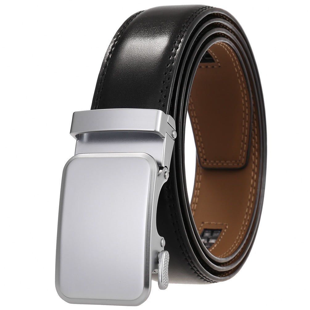 Mens Ratchet Track Belt – Smooth Leather with Matte Chrome Rounded Plaque – Adjustable Fit