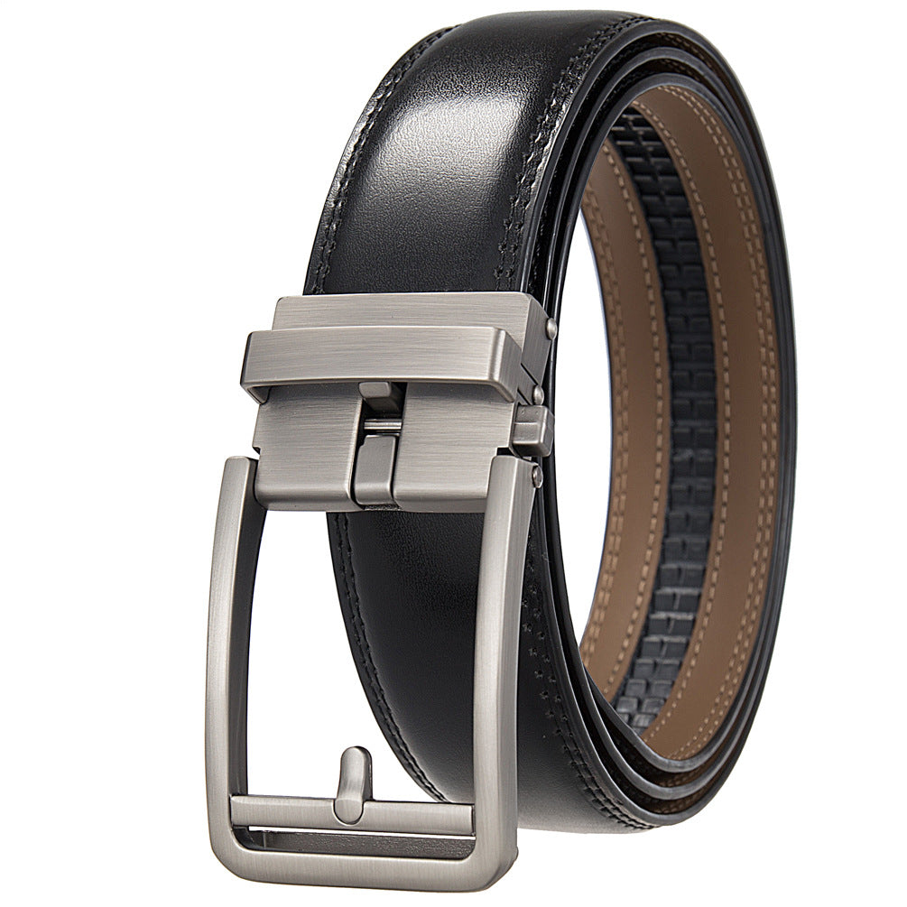 Mens Ratchet Track Belt – Smooth Leather with Brushed Gunmetal Pin Frame – Adjustable Fit