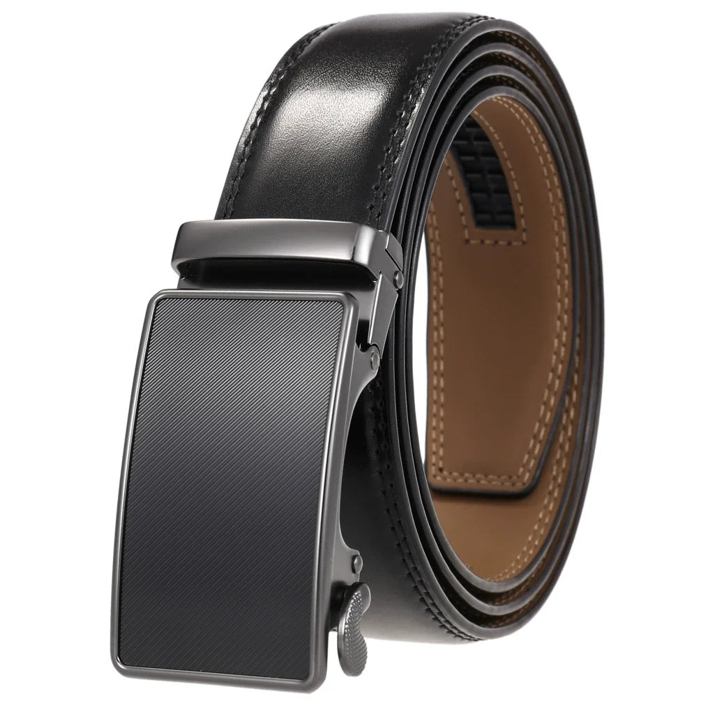 Mens Ratchet Track Belt – Smooth Leather with Black Plate Textured Plaque – Adjustable Fit