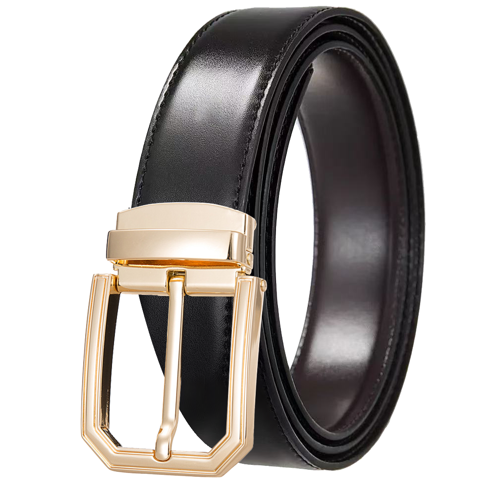 Mens Pin Buckle Belt – Smooth Leather with Gold Hexagonal Pin Buckle – Adjustable Fit