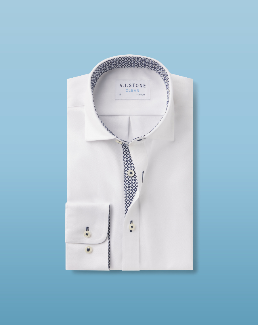 CLEAN Boys Twill NON IRON Cutaway Collar Shirt Long Sleeves with Navy Trellis Contrast Fabric