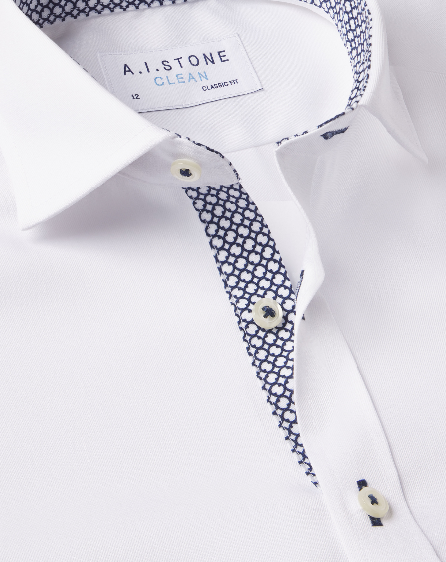 CLEAN Boys Twill NON IRON Cutaway Collar Shirt Long Sleeves with Navy Trellis Contrast Fabric