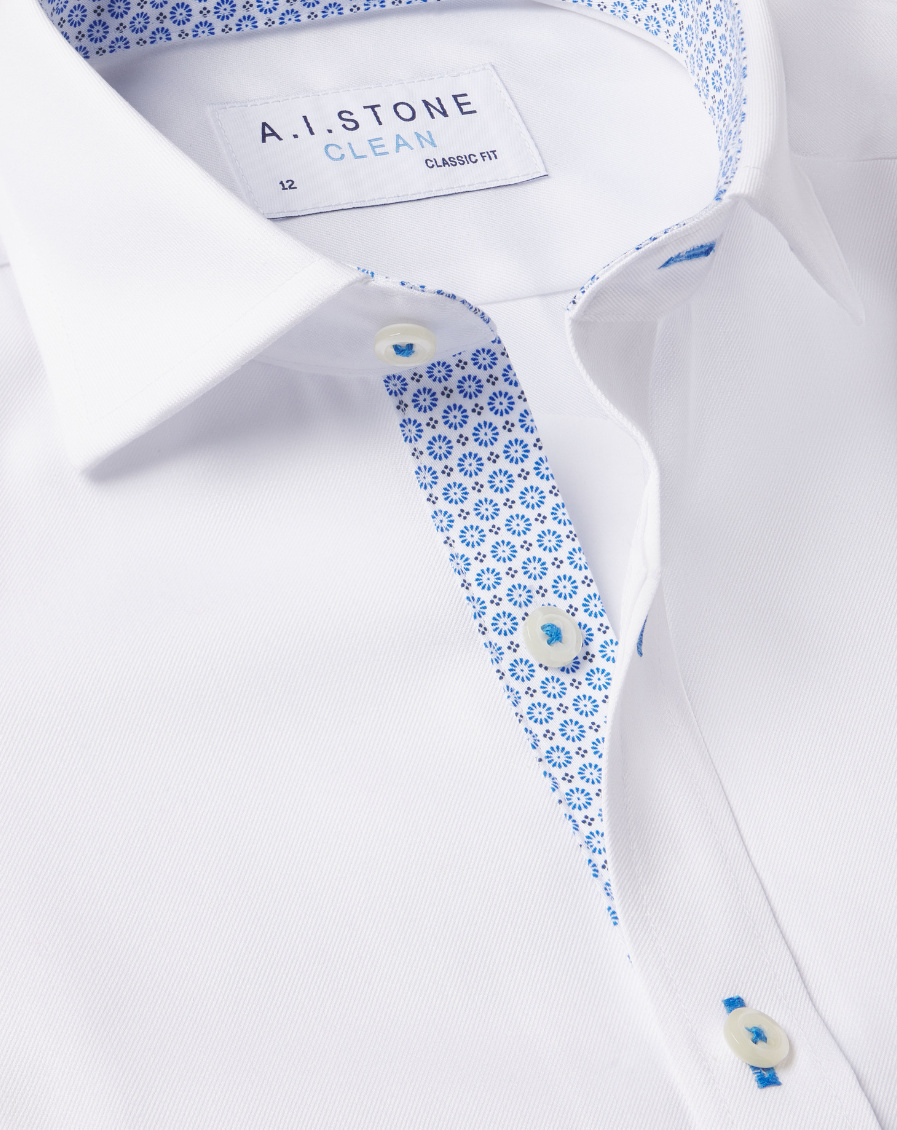 CLEAN Boys Twill NON IRON Cutaway Collar Shirt Short Sleeves with Periwinkle Petal Contrast Fabric