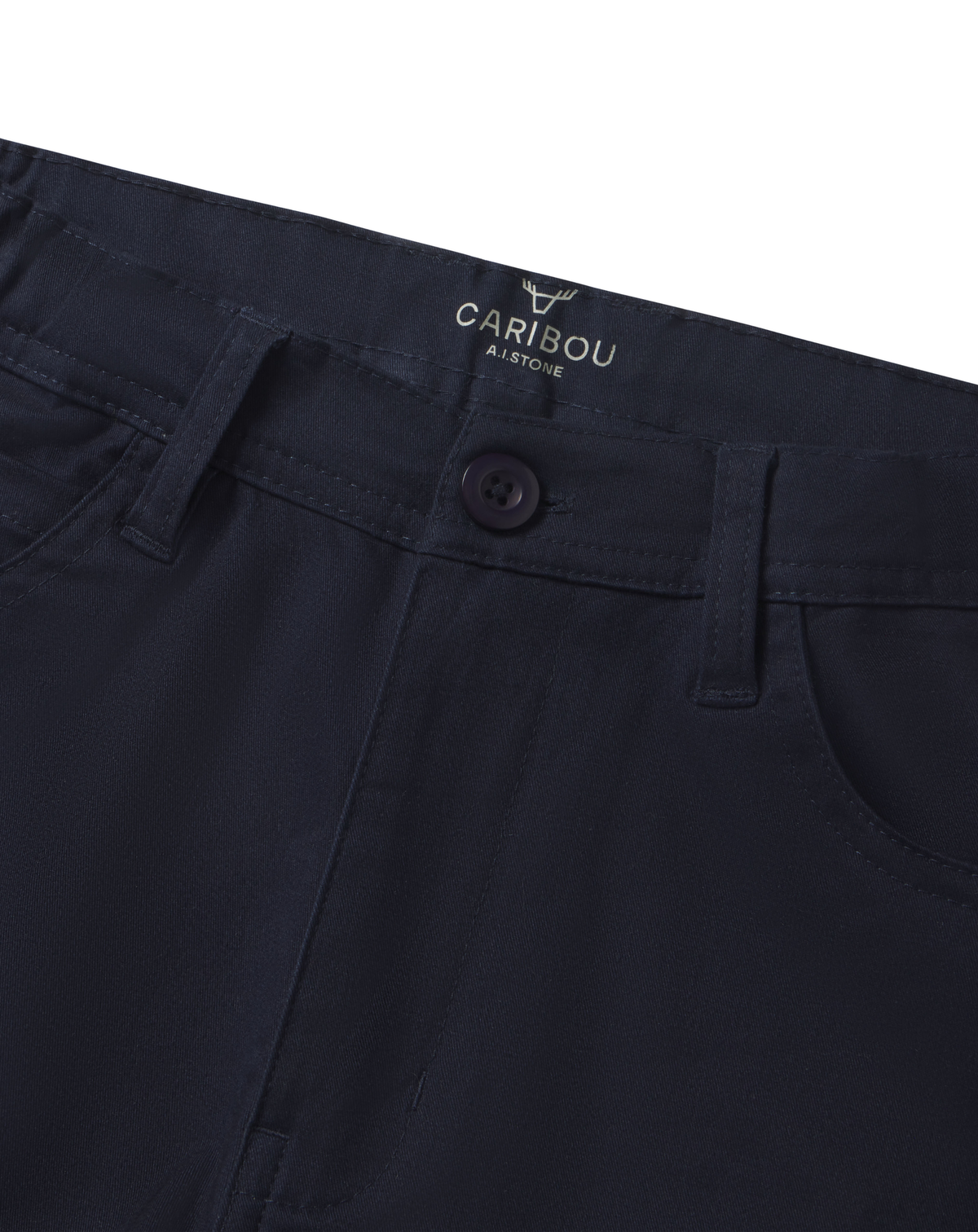 Boys Caribou navy 5-pocket pant, waistband and pocket detail