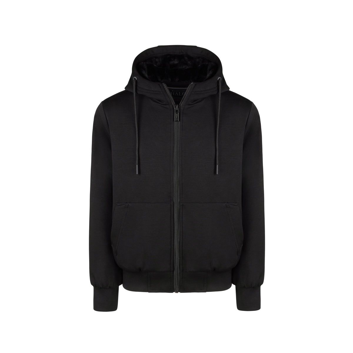 The Boys' HALO Hoodie in black, front view, plush-lined hood