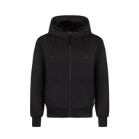 The Men's HALO Hoodie in black, front view, plush-lined hood