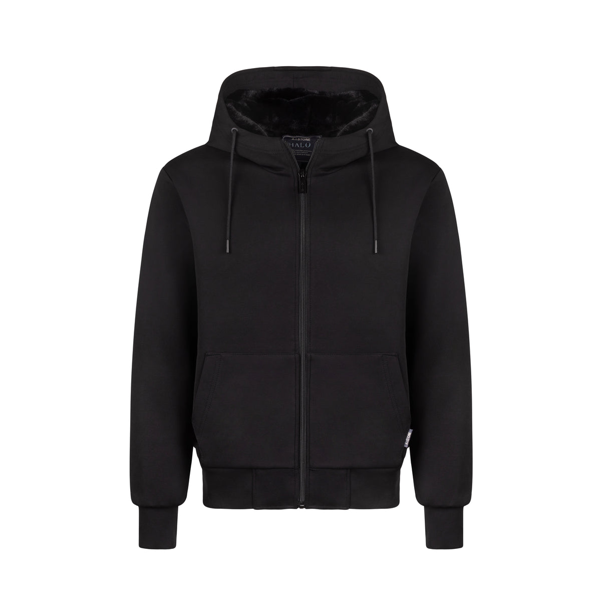 The Men's HALO Hoodie in black, front view, plush-lined hood
