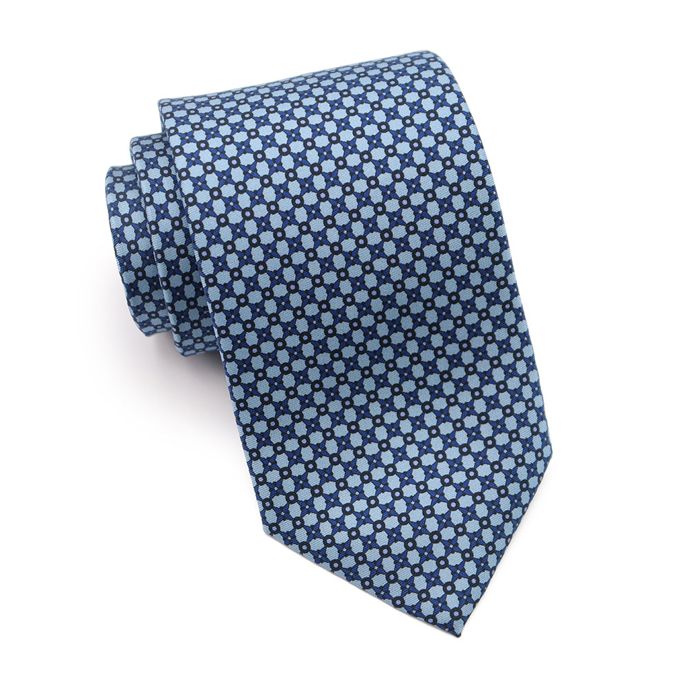 Mens Ledberry Silk Tie - Powder Blue Circle Check