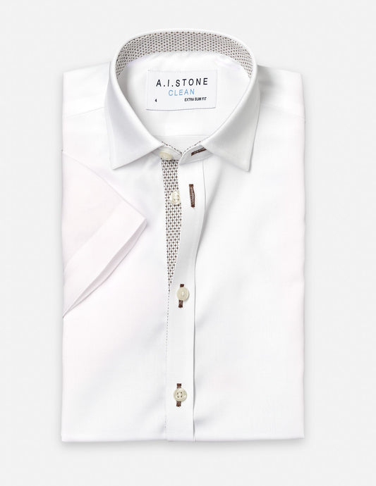 CLEAN Boy Twill NON IRON Cutaway Collar Shirt Short Sleeves With Espresso Contrast Fabric